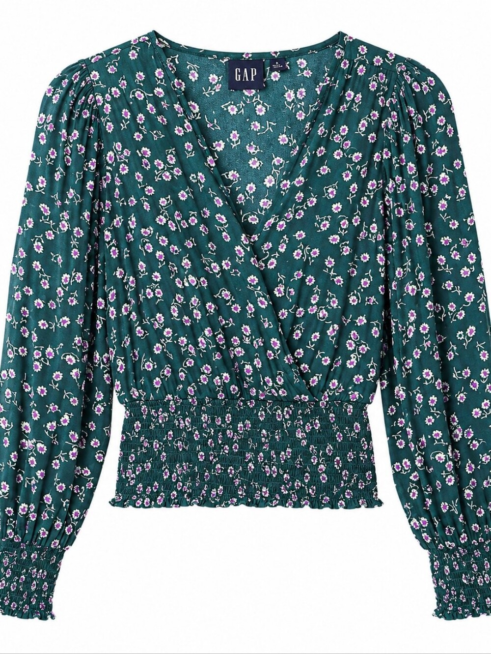 GAP Green Floral Smocked Wrap Blouse Small Cottagecore Boho Puff Sleeve Top - Picture 2 of 16